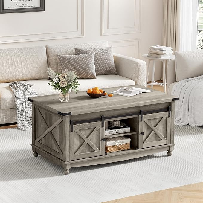 48" Farmhouse Lift Top Coffee Table with Storage Sliding Barn Door & Large Hidden Compartment, Coffee Table with Lifting Top with Wooden Lift Tabletop, Coffee Tables for Living Room, Grey-Ruum Studio Home