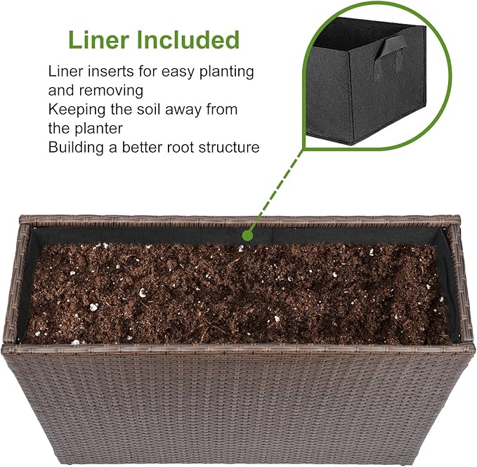 LEWIS&WAYNE Large Rectangular Block Planter Box Handmade Wicker Tall Planters for Outdoor Plants with Removable Liners Modern Planter for Indoor Outdoor Patio Deck - Brown, 32''x11''x24''-Ruum Studio Home
