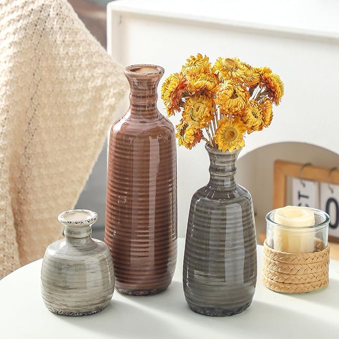 Ceramic Vases Set of 3, Neutral Rustic Farmhouse Vases Home Decor Decorative Flower Vase Modern Boho Pampass Vase for Table Mantel Entryway Shelf Living Room Kitchen Bathroom - Brown-Ruum Studio Home