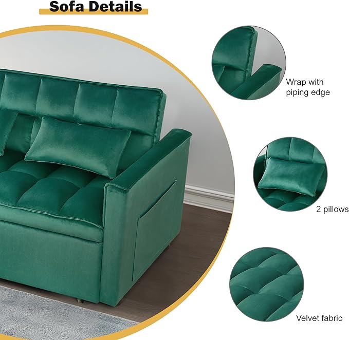 3 in 1 Sleeper Sofa Bed, Futon Sofa Bed for Living Room with Side Pocket, Green Sleepers Sofas Couch with Pullout Beds, Convertible Love Seat Sleepers Couch for Living Room, Bedroom-Ruum Studio Home