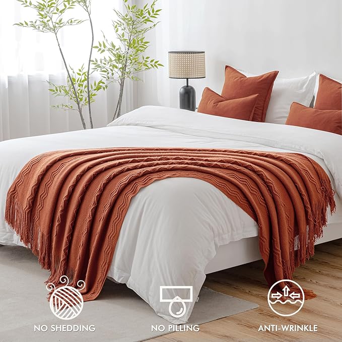 MIULEE Fall Rust Knitted Throw Blanket for Couch Terracotta Boho Textured Cozy Woven Rustic Blanket with Tassels for Sofa Chair Bed Living Room Farmhouse Decor Acrylic Wave Pattern 50"x60"-Ruum Studio Home