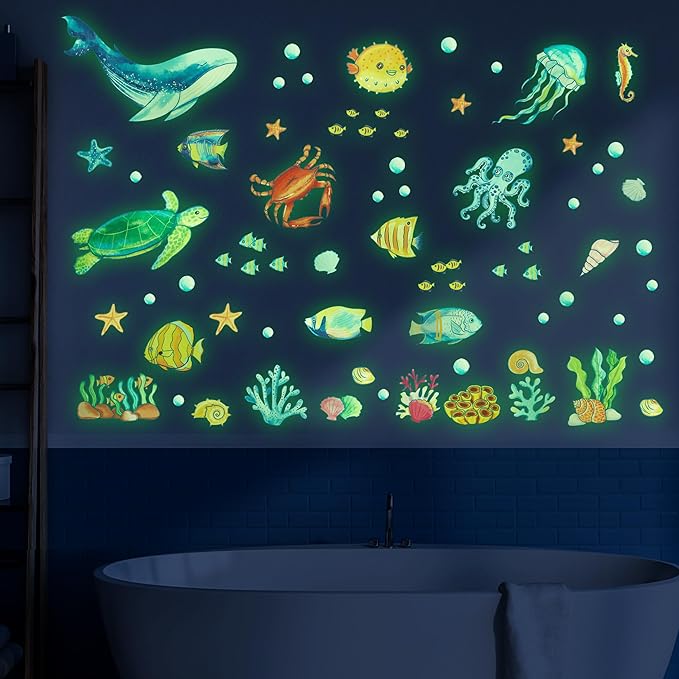Ocean Fish Wall Decals Glow in The Dark, Removable Sea Turtle Wall Stickers, Luminous Wall Decor for Nursery Playroom Bedroom, Birthday Christmas Gift Decoration-Ruum Studio Home