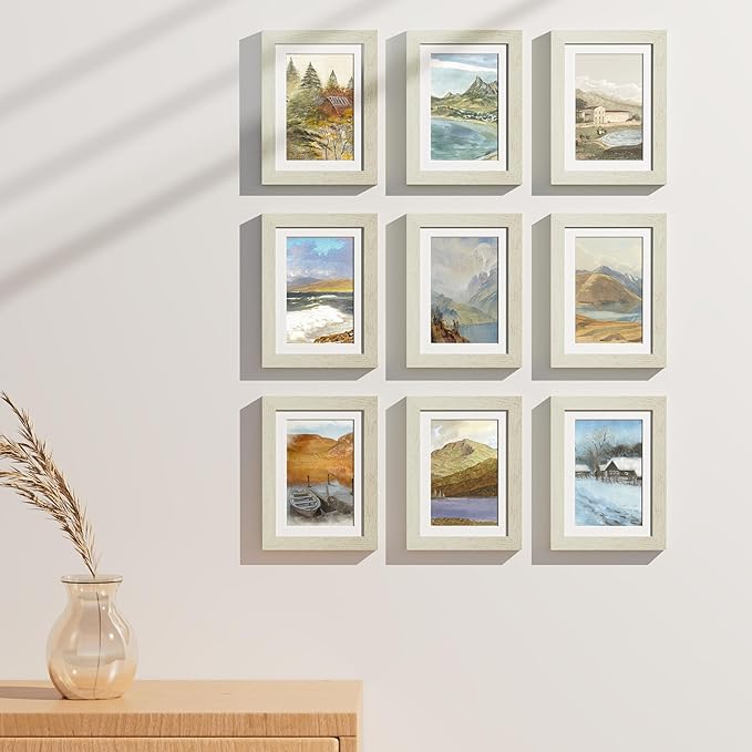 Vittanly 5x7 Picture Frames Set of 9, Shatter Resistant Plexiglass, Display 4x6 Pictures with Mat or 5x7 without Mat, Photo Frames for Wall or Tabletop, Engineered Wood, Whitemist-Ruum Studio Home