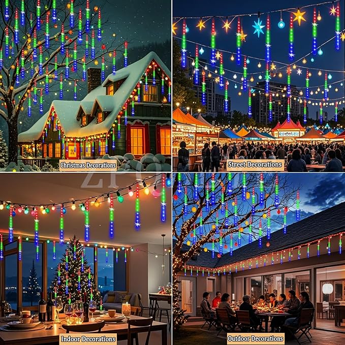 Meteor Shower Lights Outdoor Christmas Lights 24-Tube 576LEDs Snow Falling Rain Cascading Icicle Light for Christmas Tree Decorations Wedding Party Holiday Garden Decor, UL Plug Multi Color-Ruum Studio Home