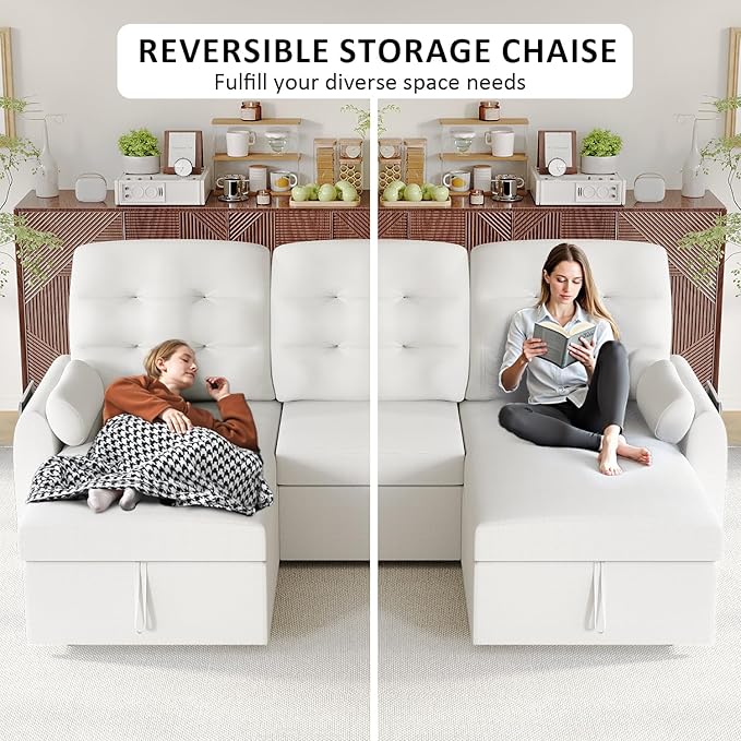 Ucloveria Sleeper Sofa Bed, 86" Convertible Sectional Sofa Couches for Living Room, 4 in 1 Pull Out Couch Bed with Reversible Storage Chaise | USB Ports | Side Pockets | Removable Backrest-Ruum Studio Home