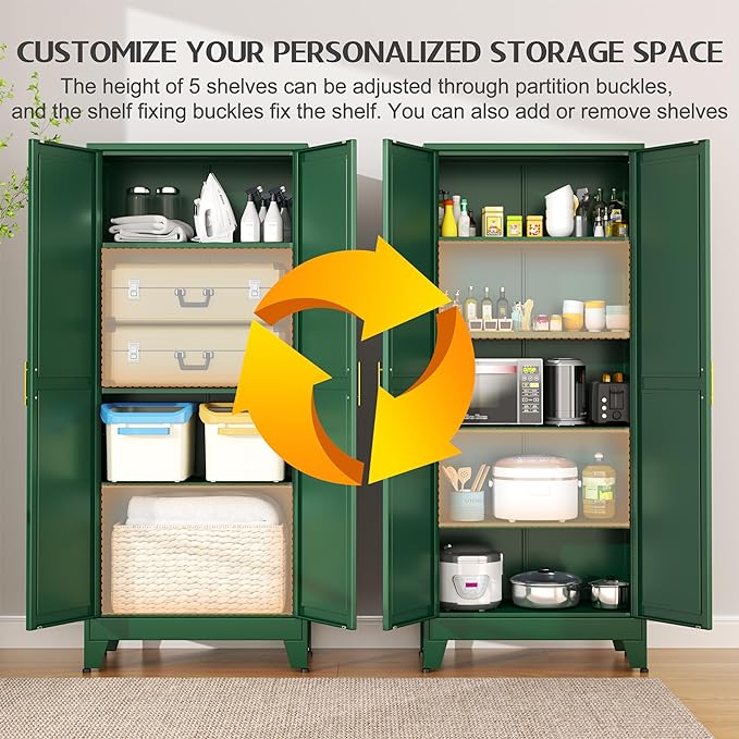 75.2" Tall Kitchen Food Pantry, Pantry Cabinet with 2 Door and 5 Adjustable Shelves, Green Laundry Room Cabinets, Freestanding Pantry for Kitchen, Study Room, Dining Room and Entryway-Ruum Studio Home