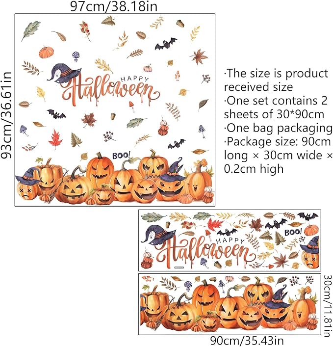 clothmile 38.18 x 36.15 Inch Halloween Wall Decals Halloween Pumpkins Bat Leaves Wall Stickers Removable Halloween Peel and Stick Sticker for Halloween Party Supplies Home Window Decor-Ruum Studio Home