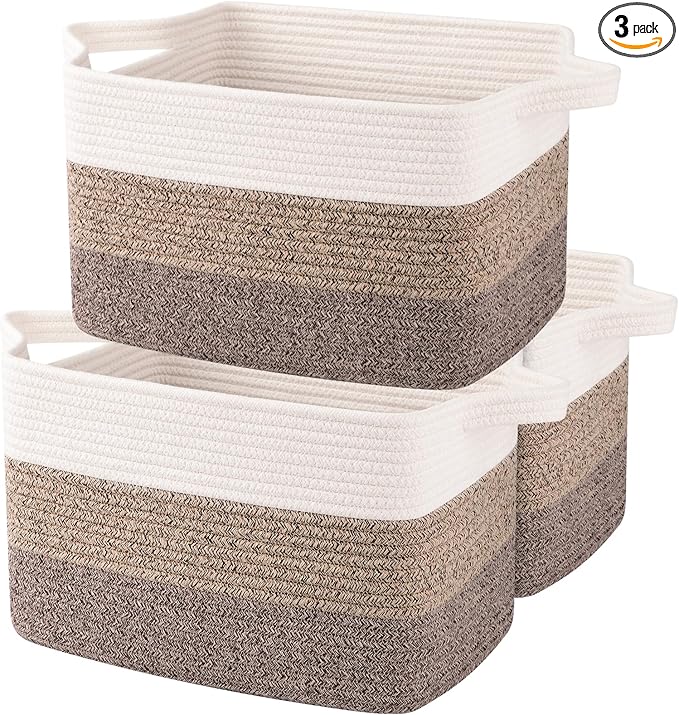 OIAHOMY Storage Basket, Woven Baskets for Storage, Cotton Rope Basket for toys,Towel Baskets for Bathroom - Pack of 3, Gradient Dark Brown-Ruum Studio Home