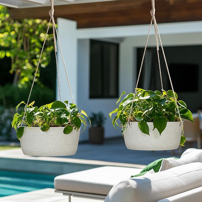 La Jolie Maison Large Hanging Planters - 12 Inch Outdoor Flower Pots, Hanging White Planters Set of 2-Ruum Studio Home