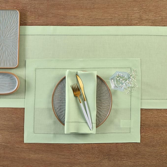 Solino Home Linen Table Runner 90 Inches Long - 100% Pure Linen Light Green Table Runner 14 x 90 Inch - Classic Hemstitch-Ruum Studio Home