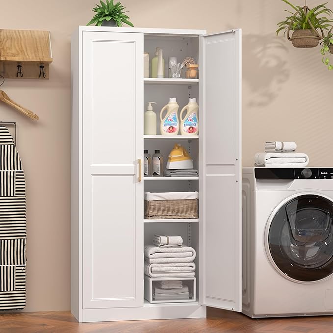 71" Tall Metal Pantry Cabinet, White Kitchen Pantry Storage Cabinet with 4 Adjustable Shelves and Gold Handles, Cupboard for Kitchen, Dining Room, Living Room, Bathroom-Ruum Studio Home