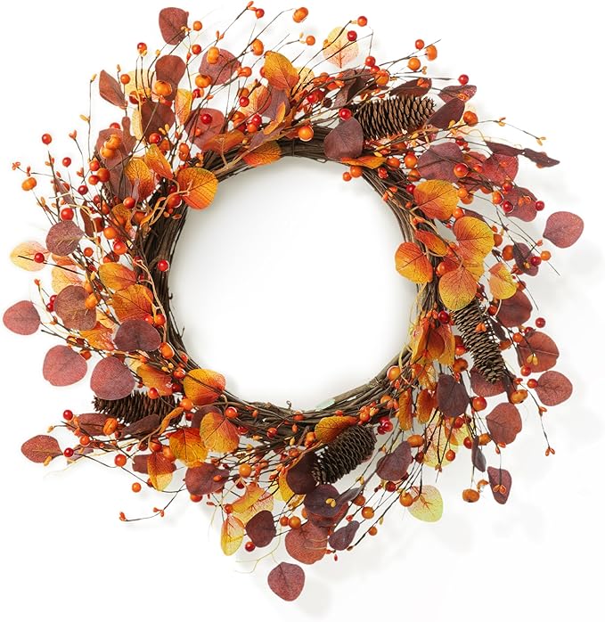 Glitzhome 22" D Fall Eucalyptus Berry Wreath, Artificial Wreaths Rustic Hanging Ornaments for Fall Front Door Wall Decor-Ruum Studio Home
