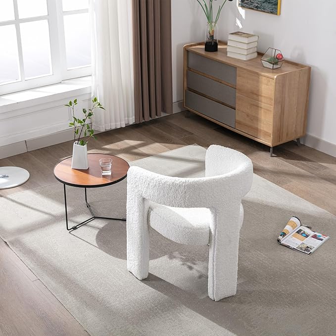 White Boucle Dining Chairs Set of 2, Modern Barrel Dining Room Chairs Upholstered Faux Fur Accent Chair with Arms and Round Back for Living Room Kitchen Armchair No Assembly Needed-Ruum Studio Home