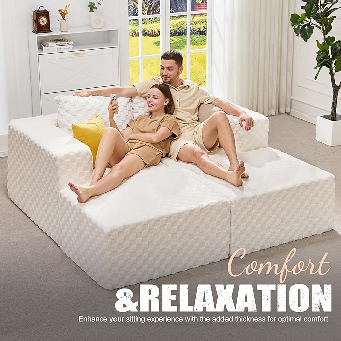 Hobestluk Modular Sectional Sofa Memory Foam Couch Sofa Bed Loveseat with Chaises Cloud Couch with Removable Cover Large Sectional Couches for Living Room (Plush White, Sofa Bed)-Ruum Studio Home