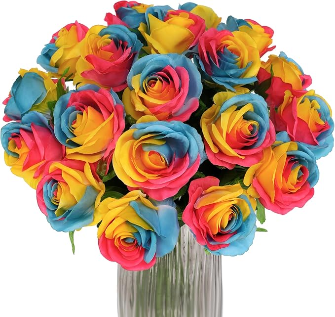 Rainbow Fake Roses Artificial Flowers - 10 Pcs Fake Artificial Roses Silk Flowers with Stems for Home Wedding Hotel Office Centerpiece Decor（Rainbow2）-Ruum Studio Home