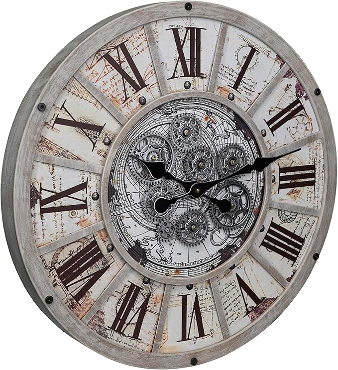 Unique Moving Gear Large Wall Clock 21inch-Battery Powered. Retro Industrial Steampunk Country Farmhouse Decor for The Living Room Kitchen Bars cafes Offices(whith/metal/21)-Ruum Studio Home