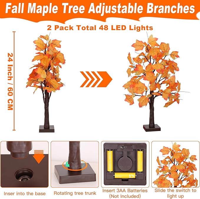 2 Pack 24 Inch Prelit Fall Maple Tree Fall Decor with 48 LEDs Timer Battery Operated Artificial Fall Light Up Tree Maple Acorn for Fall Thanksgiving Decorations Table Home Office Indoor Autumn Harvest-Ruum Studio Home