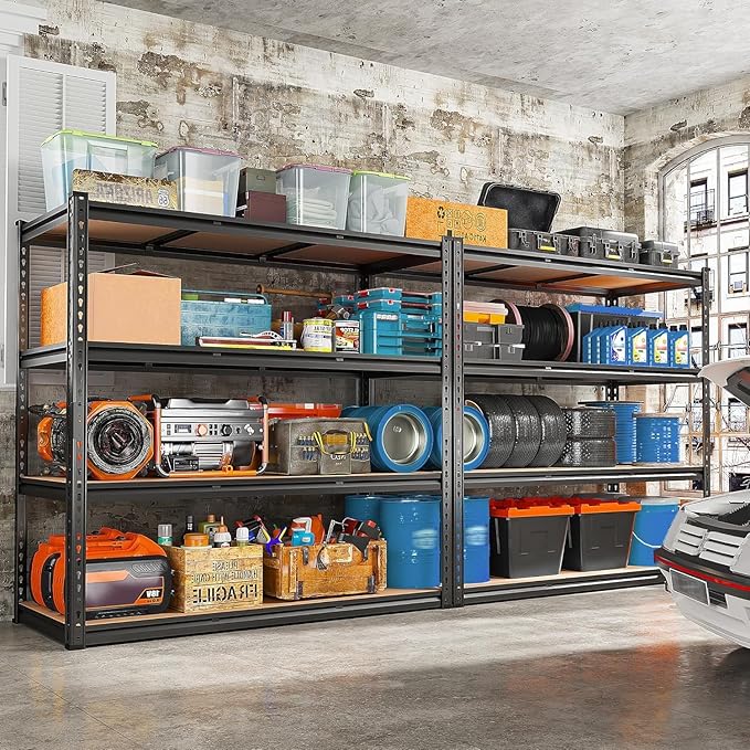 REIBII 48.2" W Garage Shelving, Storage Shelves Load 2600LBS, 4-Tier Adjustable Heavy Duty Metal Shelves for Warehouse, Pantry, Kitchen, 60.1" H X 48.2" W X 24" D, Black-Ruum Studio Home