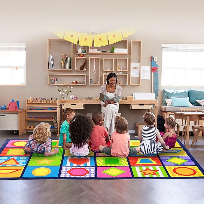 Booooom Jackson Seating Classroom Rug for Kids Room Seating Décor, 7'54''x13'12'' Vibrant Geometric Patterns Large Preschool Carpet Seating Rug for Teaching and Playroom, Non-Slip Rubber Backing-Ruum Studio Home