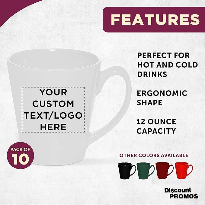 DISCOUNT PROMOS Custom Glossy Ceramic Latte Coffee Mug 12 oz. Set of 10, Personalized Bulk Pack - Perfect for Tea, Espresso, Cappuccino, Hot Cocoa - White-Ruum Studio Home