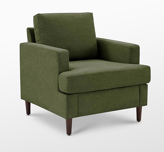 Mid-Century Accent Chair,Modern Linen Fabric Armchair for Living Room,Comfy Upholstered Reading Accent Chairs for Bedroom,Single Sofa Chair with Wood Legs (Green, 1 Pack)-Ruum Studio Home