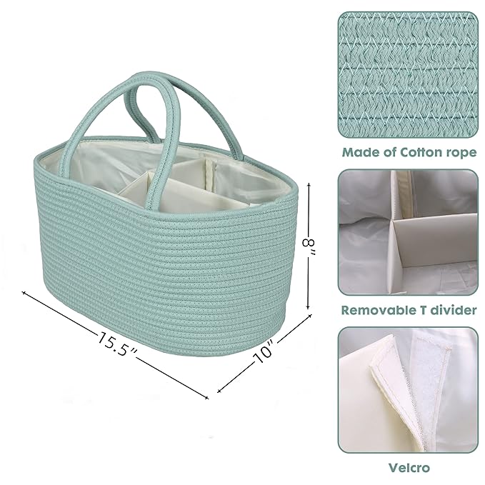 Large Baby Diaper Caddy Organizer for Girl Boy Rope Nursery Storage Bin Basket Portable Holder Tote Bag for Changing Table Car Travel Baby Shower Gifts Newborn Essentials Registry Must Have Green-Ruum Studio Home