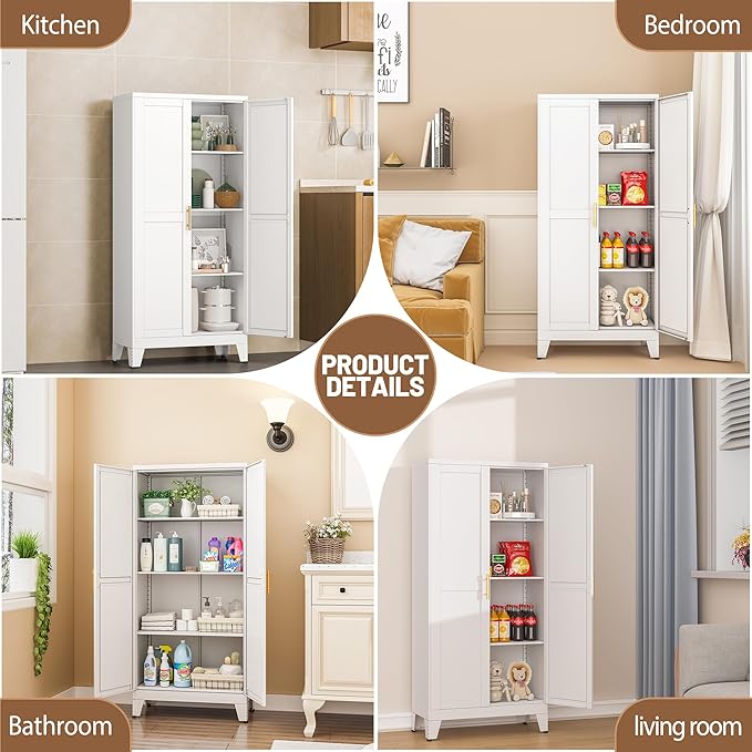 Metal Kitchen Pantry Storage Cabinet with 2 Doors and 3 Adjustable Shelves,Pantry Cabinet with Adjustable Leveling Foot for Kitchen, Living Room, Dining Room（White）-Ruum Studio Home