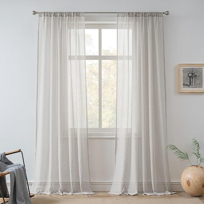 FMFUNCTEX Linen Sheer Curtains for Bedroom, Grey Curtains 63 Inch Length for Living Room, Gray Farmhouse French Flax Blend Window Draperies, Rod Pocket 2 Panels Set-Ruum Studio Home