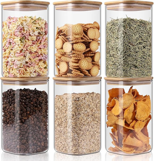 Glass Storage Jars 6 Pack -50oz (10cmx20cm)Clear Glass Food Storage Containers with Airtight Bamboo Lid Stackable Kitchen Canisters for Candy,Cookie,Rice,Sugar,Flour,Pasta,Nuts and Spice Jars(Square)-Ruum Studio Home