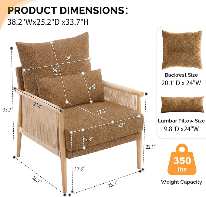 VINGLI Boho Braid Accent Armchairs Set of 2,Mid-Century Modern Chiars with Solid Wooden Armrest,Comfy Louge Cushion Chairs with Waist Pillow for Bedroom,Living Room,Reading Room, Khaki-Ruum Studio Home