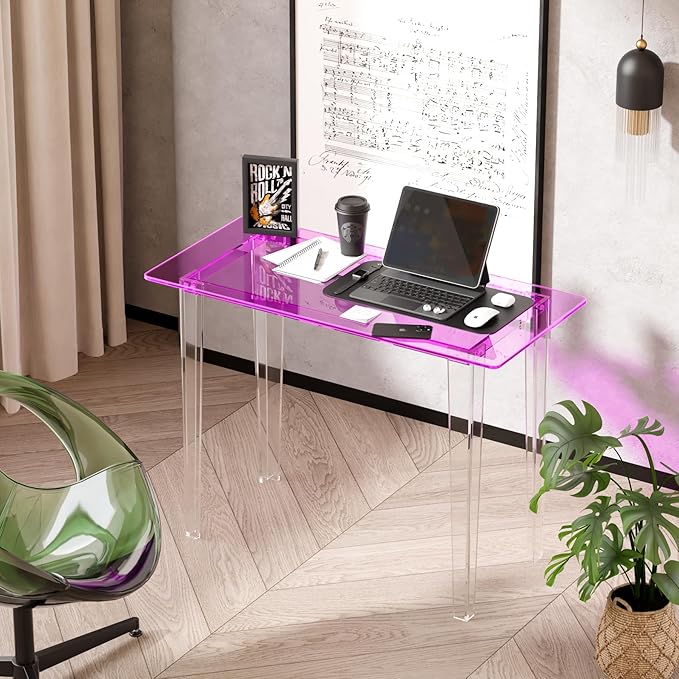Acrylic Desk, Modern Study Table for HomeOffice-Extended Surface Multi-Purpose Console & EntrywayTable, Sturdy Lightweight Design（(42.5-inch, Pink)-Ruum Studio Home