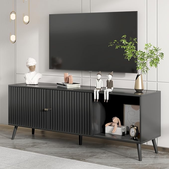 Mid Century Modern TV Stand for Televisions up to 70 Inches, with Sliding Doors and Storage, Television Stands, TV Consoles, Media Consoles for Living Room, 63 Inch (Black)-Ruum Studio Home