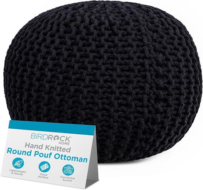BIRDROCK HOME Round Pouf Ottoman | Cotton Braided Foot Stool with Bean Bag Filling | Boho Foot Rest for Living Room & Bedroom | Compact & Comfortable Seating, Lightweight & Soft | Black-Ruum Studio Home
