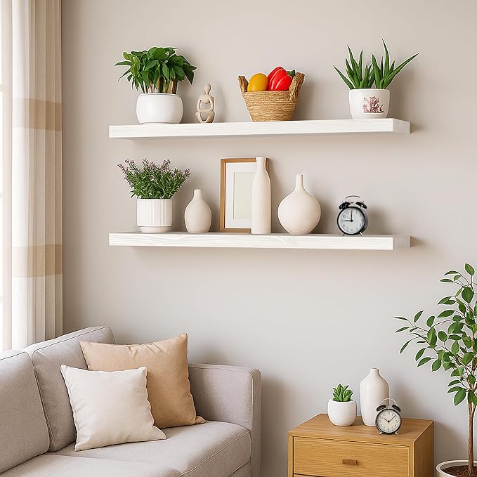 BGMG Wood Floating Shelves 36 inch Long, Wide Rustic Wooden Wall Shelves for Bathroom Living Room Bedroom Kitchen Farmhouse Set of 2-36x6.7x1.25 inch-White-Ruum Studio Home