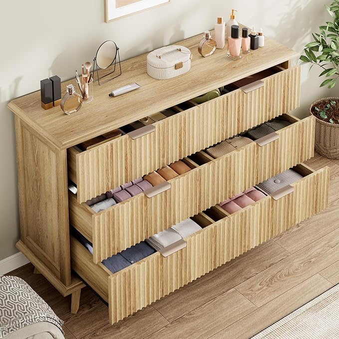 QUW Fluted Dresser for Bedroom with 6 Drawers, 47.2" Wide Modern Chest of Drawers with Metal Handle, Wooden Dresser TV Stand and Closet Clothes Storage Organizer for Living Room, Hallway, Natural Oak-Ruum Studio Home