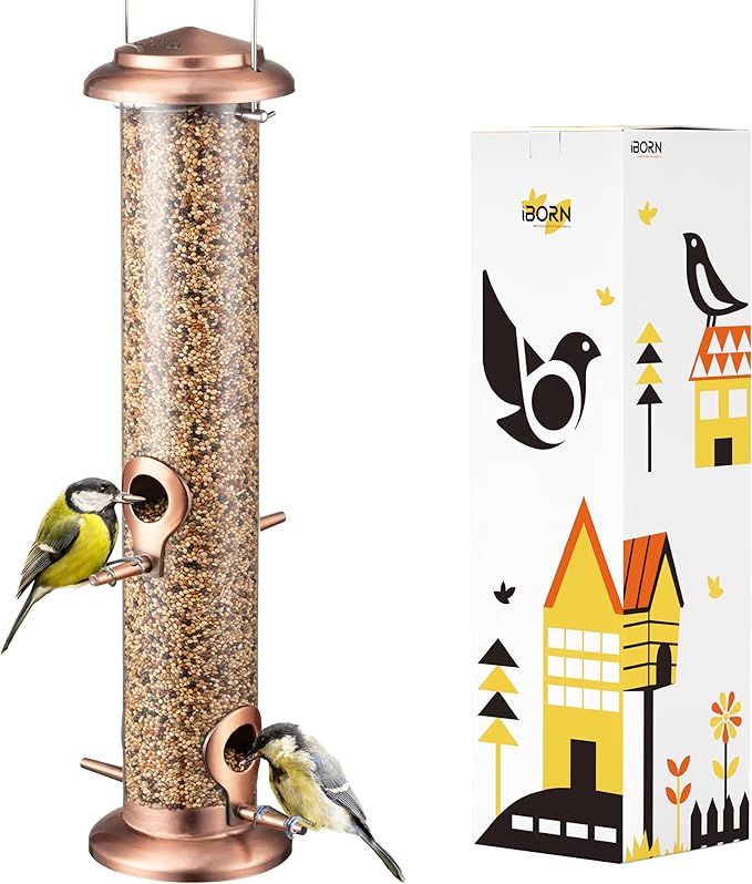 iBorn Metal Bird Feeders Metal Bird Feeder Copper for Outdoors Hanging All Metal Copper Finishing 14 Inch 4Port(Seed is not Included)-Ruum Studio Home