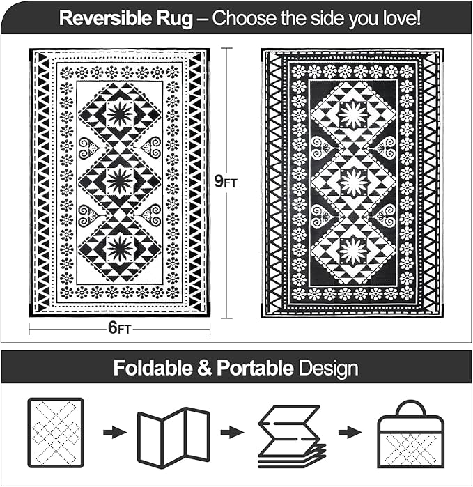 Waterproof Outdoor Rug 6x9ft, Reversible Plastic Straw Mat Rugs for Patio RV Deck Porch Backyard Balcony Camping Picnic Beach Indoor Outdoor Carpet, Black&White-Ruum Studio Home