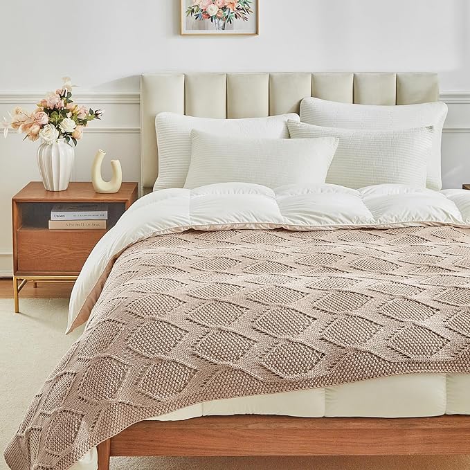 Longhui bedding Chunky Cotton Knit Throw Blanket for Couch, Sofa, Bed, or Chair, Decorative Breathable Fall Cable Knit Blanket 51 x 63 Inches, Pink Rose-Ruum Studio Home