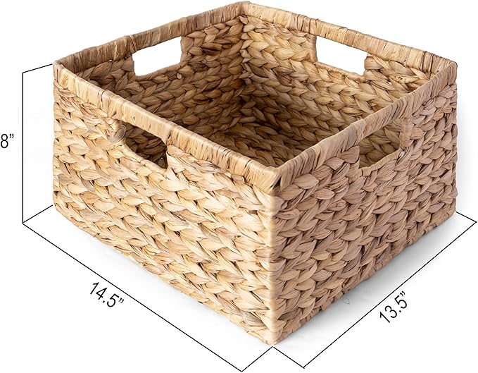 Large 14.5” x 13.5” x 8” (Set of 3) Natural Water Hyacinth Woven Storage Baskets, Rectangular Wicker Basket with Built-in Handles, Large (Natural)-Ruum Studio Home