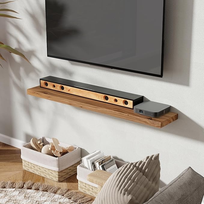 Fun Memories Rustic Elm Wood Floating Shelves for Wall, 48" Floating Shelf Wall Mounted, Long Floating Disply Shelf with Heavy-Duty Bracket for Living Room, Kitchen, Bathroom, Natural Color, Set of 1-Ruum Studio Home
