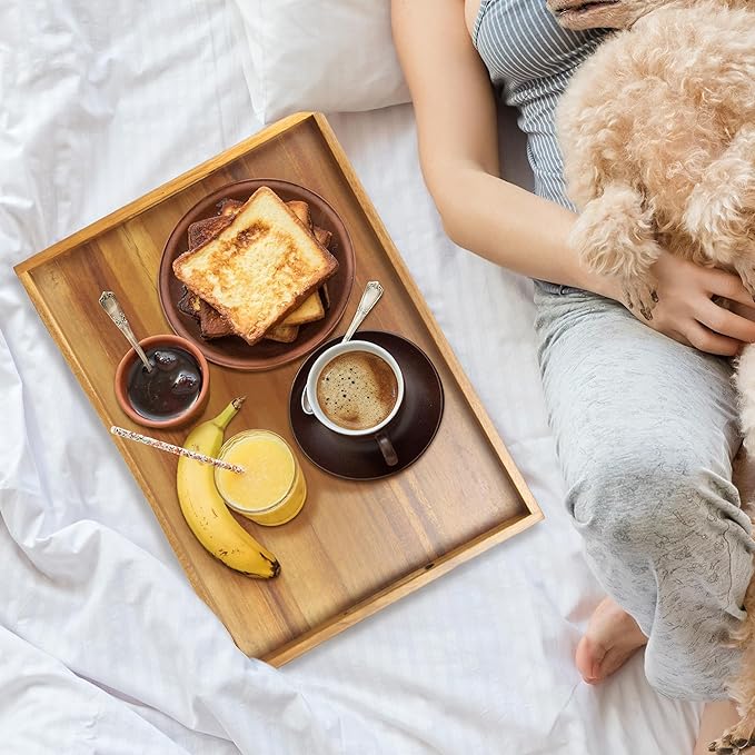 Acacia Wood Serving Tray with Handles - 17-Inch Decorative Wooden Tray - Perfect for Breakfast, Lunch, Dinner, Appetizers, Patio, Ottoman, Coffee Table - Durable Living Room and Couch Tray-Ruum Studio Home