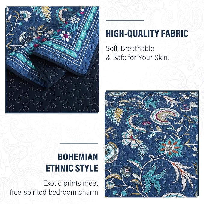NEWLAKE Quilt Set Queen Size, Bedspread Sets Blue Botanical Floral Patterns, Reversible Quilt Bedding Set Lightweight and Breathable for All Seasons, Soft Quilted Bedspread with 2 Pillow Shams-Ruum Studio Home
