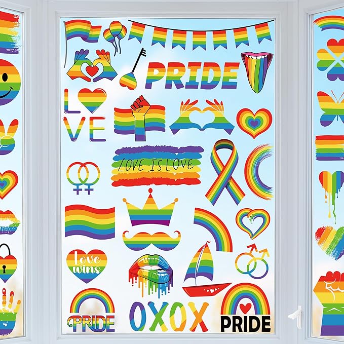 9 Sheets LGBT Rainbow Window Clings, Pride Decorations Window Cling, Gay Love Heart Stickers, Double-Side Pride Wall Clings Decals for Pride Day LGBTQ Rainbow Party Parades Supplies Decor-Ruum Studio Home