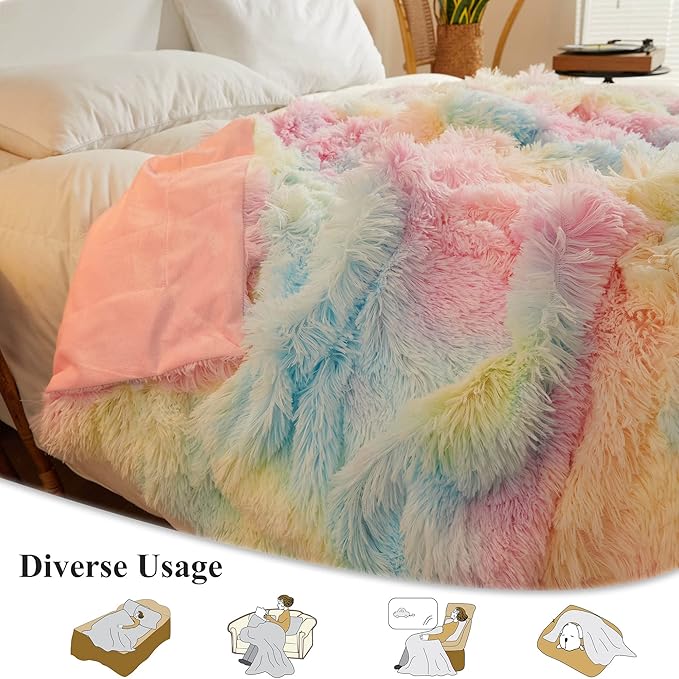 XeGe Luxury Faux Fur Blanket, Rainbow Soft Big Fluffy Throw, Shaggy Plush Decorative Couch Throw, Cute Furry Fuzzy Blanket for Bed Bedroom Living Room Rainbow, 60x90-Ruum Studio Home