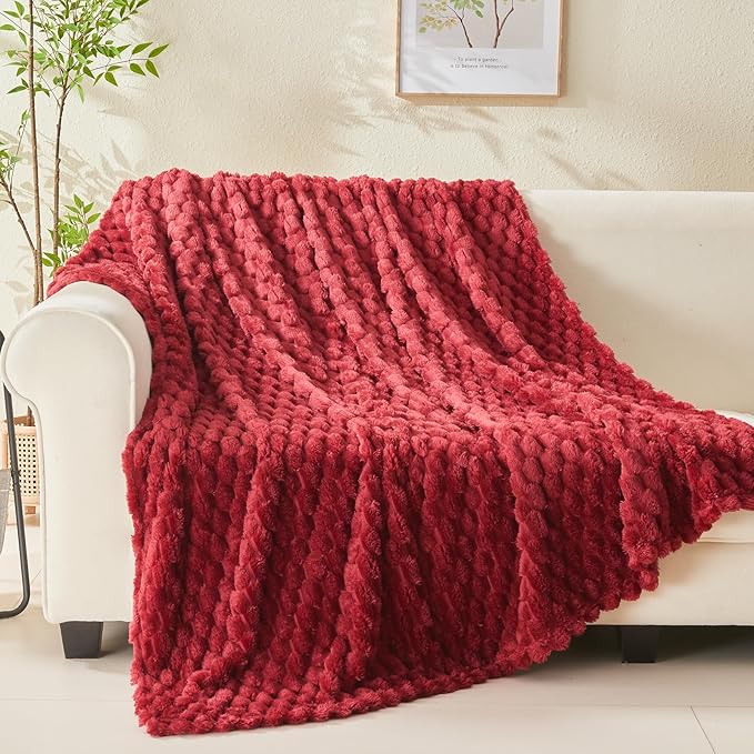 NEWCOSPLAY Super Soft Queen Blanket Red Premium Silky Flannel Fleece 3D Clouds Stylish Jacquard Lightweight Bed Blanket All Season Use 350GSM (Red, Queen(90"x90"))-Ruum Studio Home