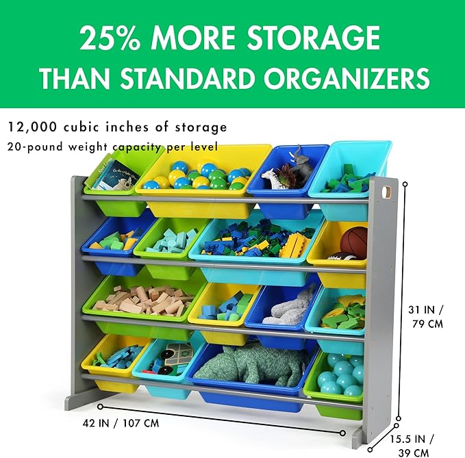 Humble Crew Supersized Toy Storage Organizer with 16 Removable Bins, Grey/Blue/Green/Yellow – Large Toy Storage for Toddlers Ideal for Kids' Rooms, Playrooms, and Nurseries - Modern Toy Bins for Kids-Ruum Studio Home