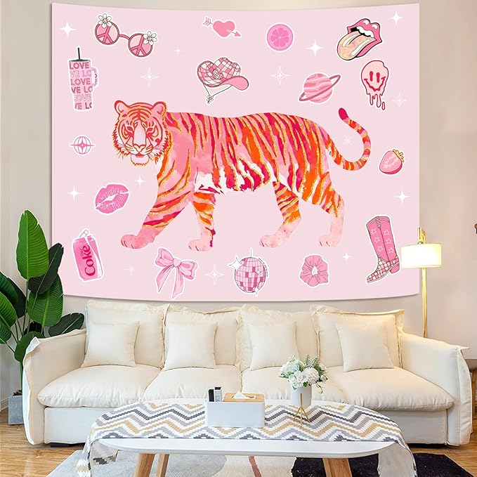 Lunerfex Y2K Tapestry Pink Tiger Wall Tapestry, Cute Tapestries for Bedroom Funny Tapestries Wall Hanging for Bedroom Living Room Decor Pink-3 44"x60"-Ruum Studio Home