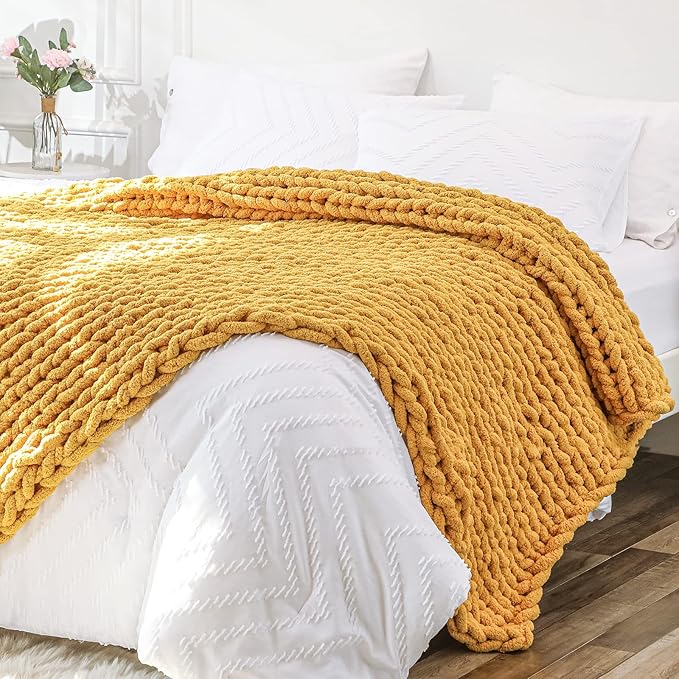 Bigacogo Chunky Knit Throw Blanket for Couch, 51x63 inches, 100% Hand Knitted with Thick Jumbo Chenille Yarn, Cozy Soft Large Rope Knot Cable Crochet Blankets for Sofa Bed Living Room, Mustard Yellow-Ruum Studio Home