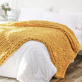 Bigacogo Chunky Knit Throw Blanket for Couch, 51x63 inches, 100% Hand Knitted with Thick Jumbo Chenille Yarn, Cozy Soft Large Rope Knot Cable Crochet Blankets for Sofa Bed Living Room, Mustard Yellow-Ruum Studio Home