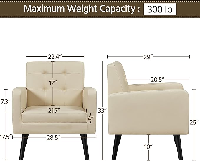 Yaheetech Mid-Century Accent Chairs, PU Leather Modern Upholstered Living Room Chair, Cozy Armchair Button Tufted Back and Wood Legs for Bedroom/Office/Cafe Beige 2PCS-Ruum Studio Home